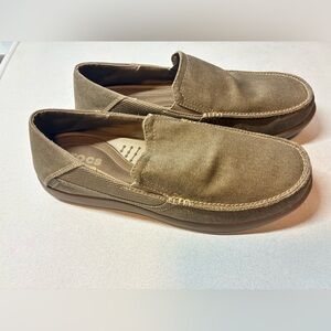CROCS Men's 11 Tan Slip-On Loafers Canvas Boat Shoes Rubber soles